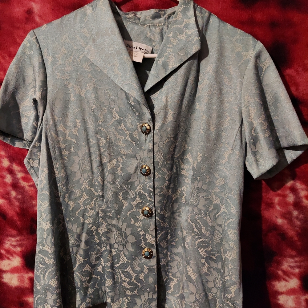 Vintage Elegant Teal Floral Burnout Lace Women's Blouse Top